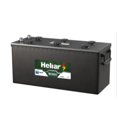 Large black rectangular industrial battery with multiple top terminals and a label reading 'Heliar'.
