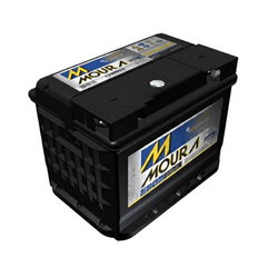 Black AGM battery with Moura branding on blue-yellow labels, shown in a compact black case with handle grips on sides.