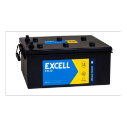 Car battery with a blue Excell brand label and black top, side carrying handle visible.