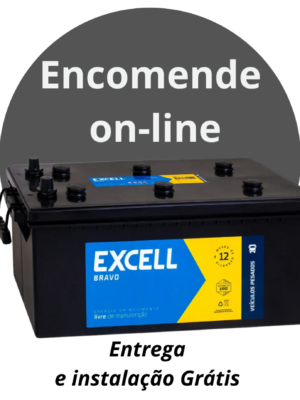 Online order prompt over a car battery; Portuguese text 'Encomende on-line'.