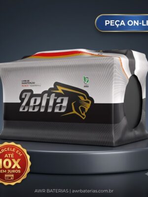 Zefta battery package displayed on a pedestal with a blue 'Peça On-Line' badge above and a gold 'up to 10x without interest' seal in the foreground.