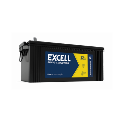 Excell automotive 12-volt battery with a blue/yellow label, black rectangular casing.