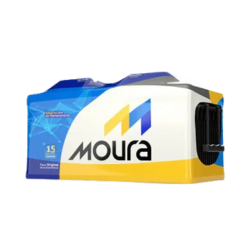 Moura car battery packaging in white, blue, and yellow with a black handle on the right side.