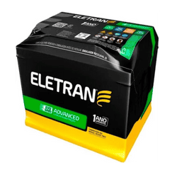 Eletran car battery: black case with green and yellow accents, brand name visible and 'Advanced' label.