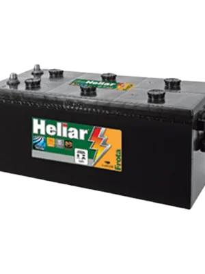 Car battery with a black case and a colorful Heliar label on the side (automotive battery)