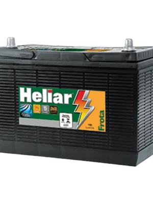 Car battery with a black ribbed casing and a colorful label reading Heliar on the side, used to start a vehicle and power electrical systems.