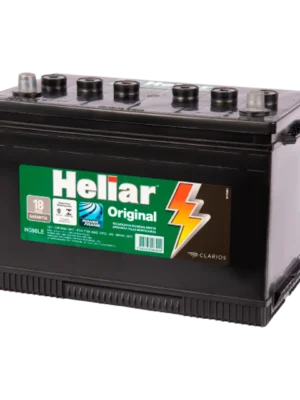 Black car battery with a green 'Hellar Original' label and a yellow lightning bolt graphic on the side, showing top terminals.