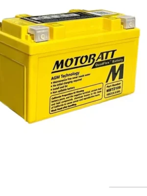 Yellow Motobat AGM motorcycle battery with carry handles and labeled specifications on the side