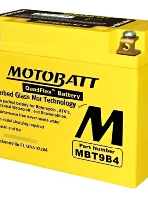 Yellow Motobatt motorcycle battery with MBT9B4 label and bold M logo, showing terminals on top.