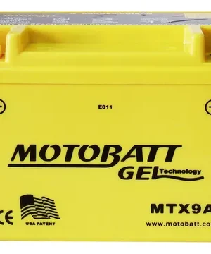 Motobatt MTX9A GEL motorcycle battery in bright yellow with visible positive and negative terminals and branding on the front.