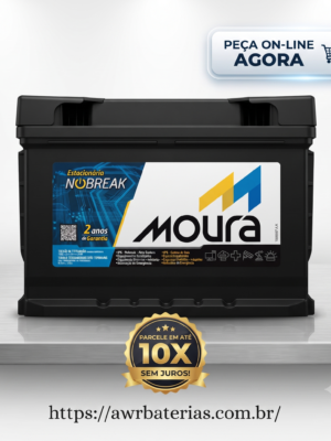 Car battery promo banner featuring a '10x sem juros' badge and a bottom URL (awrbaterias.com.br).