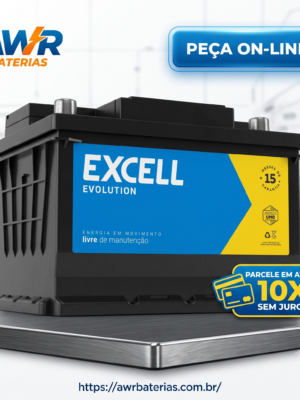 AWR Baterias logo with a black car battery and a blue 'Peça Online' button, promoting online battery purchases.