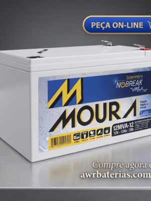 'Peça On-Line' blue and gold button above a white battery storage box with a shopping cart icon (informational/ad image).