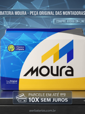 Bateria Moura original car battery box with blue-yellow design and online purchase banner in Portuguese (Compre Agora On-Line).