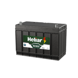 Automotive car battery (black) with Heliar branding and a lightning bolt logo on a light background.