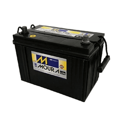 Black car battery with a yellow-and-blue Moura label, showing top terminals and handle, used for automotive power.