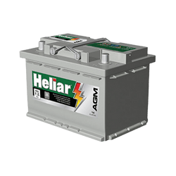 Automotive 12V AGM car battery with gray case, carrying handle, and Hella label.