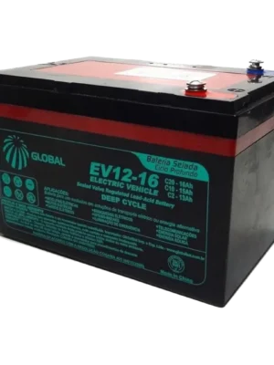 EV12-16 deep-cycle automotive battery (sealed lead-acid) with red/black casing and blue-green label reading 'GLOBAL' and 'Electric Vehicle'