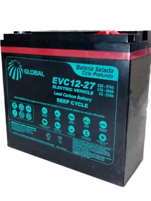 Deep-cycle lead-acid car battery with teal label reading EVC12-27 for electric vehicles, black case with red top edge, side icons and text visible on label.