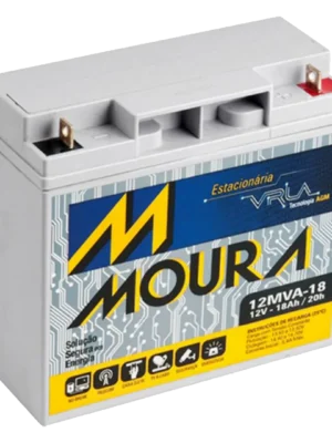 Car battery labeled Moura with blue-yellow design, terminals on top and 12V 18Ah specification visible.