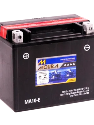 Black motorcycle battery with red top and Moura label, model MA10-E.