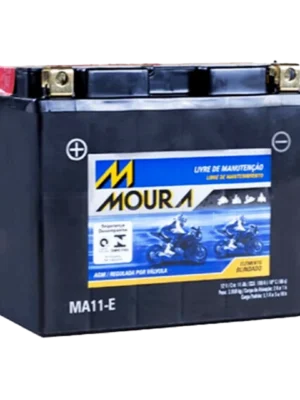 Car battery with a blue and yellow label showing 'MA' and 'Moura' branding, MA11-E model visible on the bottom left.