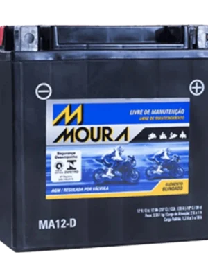 Black motorcycle battery with Moura MA12-D label and blue-yellow graphic on the front.