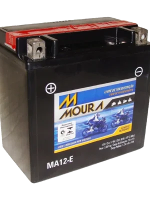 12V Moura MA12-E motorcycle battery with a black case and red terminal cover on top.