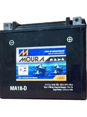 Car battery with Moura label, showing MA18-D model and terminals on top, used to power a vehicle's electrical system