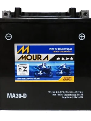 Automotive battery labeled MA30-D with a blue-yellow Moura sticker on the front.