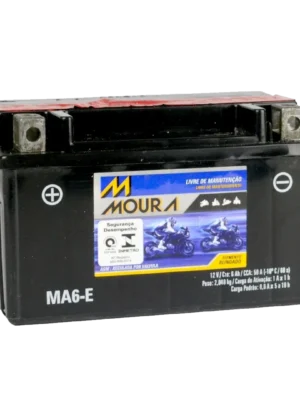 12V motorcycle battery labeled Moura MA6-E with red top strap and polarity terminals visible