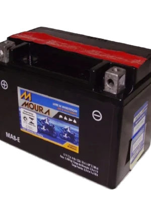 Black motorcycle battery with red protective strip, showing MA8-E labeling and two terminal posts on top left and right.