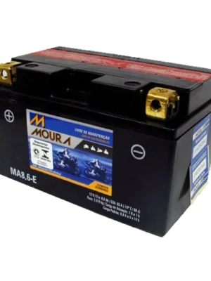12V car battery with black case, blue label, and visible positive and negative terminals