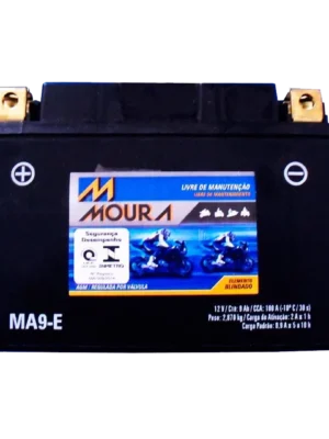 Motorcycle battery labeled MA9-E with Moura branding and terminal posts on either end