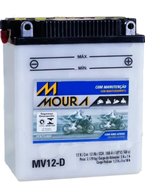 Moura MV12-D motorcycle battery with labeled terminals and blue advertising sticker on white casing.