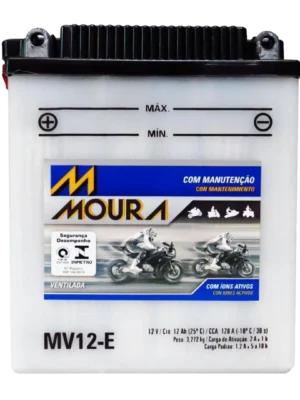 12V motorcycle battery labeled MV12-E with Moura brand and blue instructional label, showing positive/negative terminals at the top.