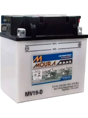 Moura MV19-D motorcycle/bike battery with black top and white body, showing positive and negative terminals on the side panel.