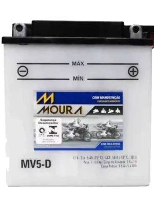 Moura MV5-D motorcycle battery with positive and negative terminals labeled, front view with branding.