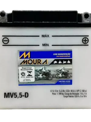 Motorcycle battery labeled MV5,5-D with negative and positive terminals and Moura branding on the front sticker.