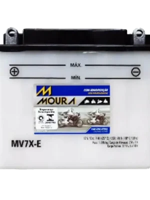 White motorcycle battery with black top and terminal markings, Moura branding visible on the label.