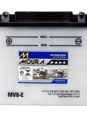 Motorcycle battery labeled MV8-E with top terminals and max/min charge marks, brand sticker visible on front.
