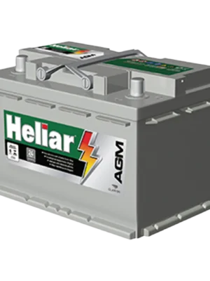 Car battery labeled 'Hellar' AGM with a green and black label and a red lightning bolt graphic on the side.
