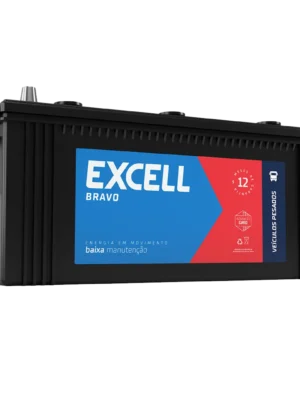 Car battery labeled EXCELL Bravo with blue and red branding, side view showing terminals and handle
