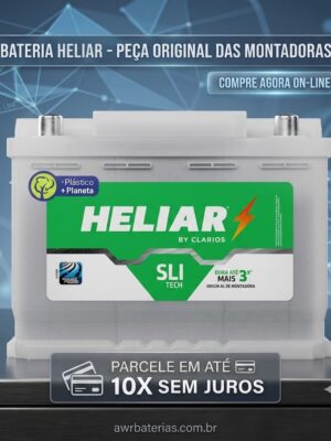 Bateria automotiva HELIAR original das montadoras com etiqueta verde; anúncio de compra online e parcelamento em até 10x sem juros.