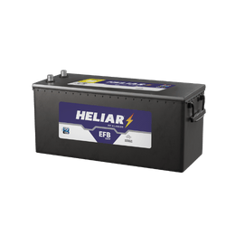 Automotive battery with HELIAR EFB branding and top terminals on a plain background.