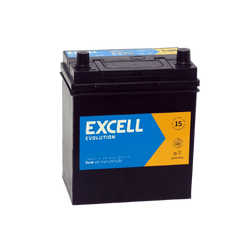 Automotive battery labeled Excell Evolution with blue and yellow branding (front view).