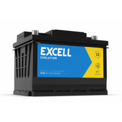 Automotive lead-acid car battery with blue and yellow EXCELL Evolution label and black case