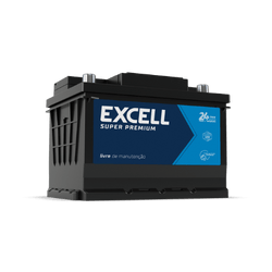 Car battery with a blue Excell 'Super Premium' label and 24-month warranty text.