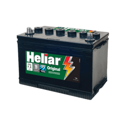 Car battery with a black case and top terminals; label reads Heliar Original with a lightning bolt.
