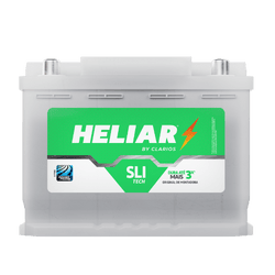 Car battery with a green Heliar label and silver case, side terminals visible (auto battery product).